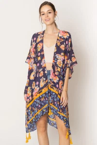 Anthropologie Style Women's Flower Print Tassel Kimono Cardigan Cover Up - Picture 1 of 12