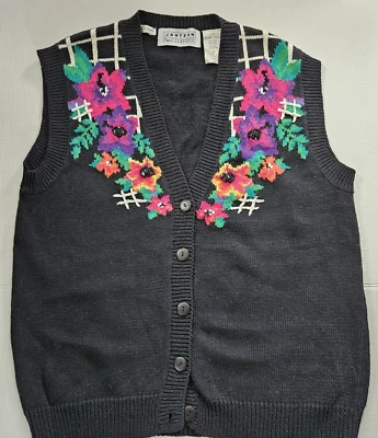 Jantzen Classic Ramie Cotton Sweater Vest Wm Size M Black w/embroidered flowers - Image 1 of 4