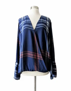 IMAN Global Top Blouse Blue Red Chiffon Crossover Bell-Sleeve Plaid 591923-J 2X - Picture 1 of 8