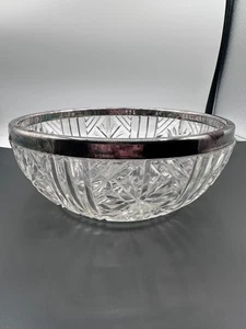Cut Glass Bowl with Silver-Plated Rim – 9" Vintage Serving Bowl - Picture 1 of 9