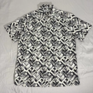 Tommy Bahama 100% Silk Geometric Pattern Button Up Shirt Men’s Medium Gray Beige - Picture 1 of 9