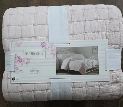 Shabby Chic 棉粉色蝴蝶结特大号被子套装带 Shams 全新 — 第 1/4 张图片