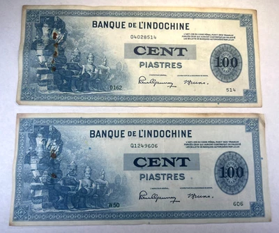 2 x 1945 Французский Индокитай (FIC) 100 Сто Пиастров, тип 1 год, 2 банкноты! - Изображение 1 из 2