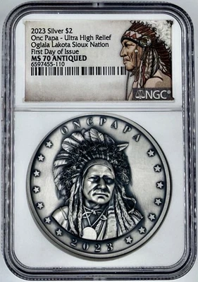 Onc Papa 2023 $2 Oglala Lakota Sioux Nation 2 Oz Silver NGC MS 70 Antiqued UHR - Image 1 of 2