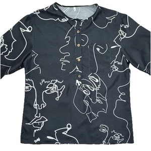 Black Henley White Abstract FACES Casual Top Blouse Size Medium Lightweight - Picture 1 of 10