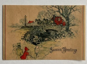 Vtg Art Deco Victorian Christmas Card Stage Coach Crossing Stream Bridge #b1 - Picture 1 of 4