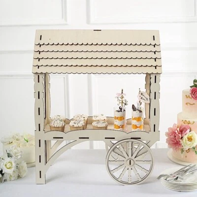 5 in Natural Laser Cut Mini Candy Cart Wooden CUPCAKE Dessert STAND Party Events - Image 1 of 4