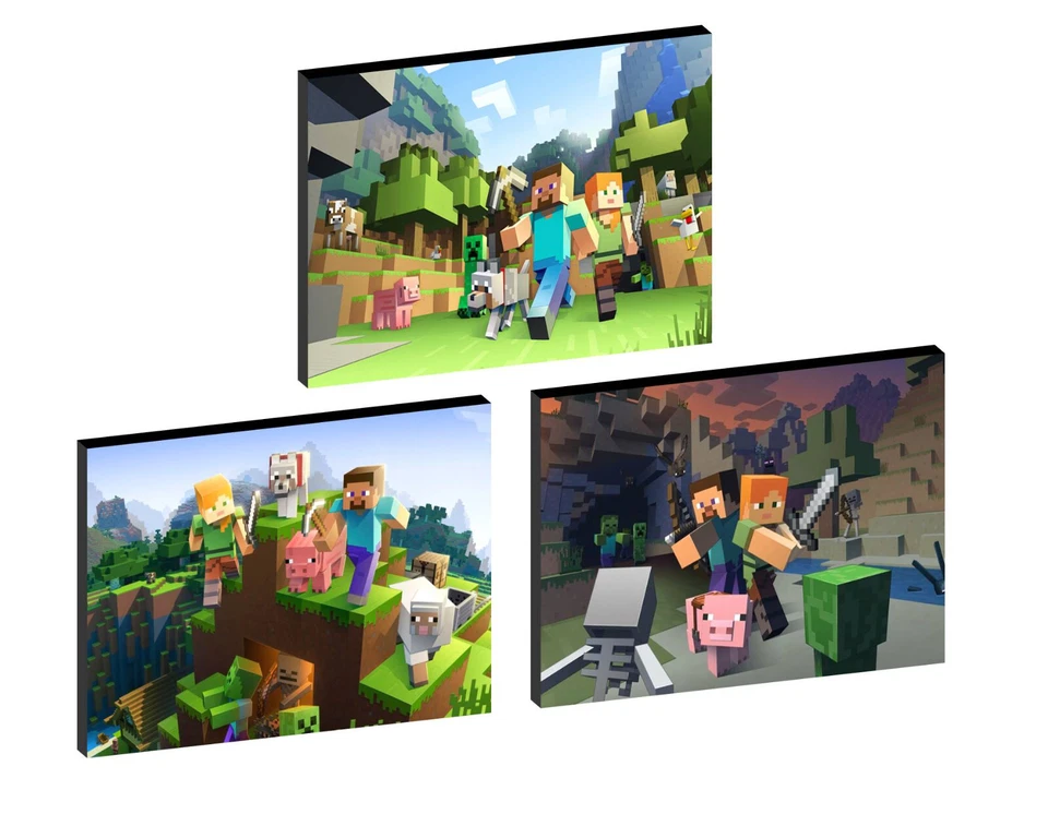 PIXELS MINECRACFT GAMING SET OF 3 WALL ART PLAQUES/CANVAS PICTURES - Image 1 of 1