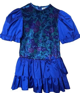 Vintage lila Blumen Samt Taft Kleid Mädchen 6X Rüschen Paisley Puffärmel Schleife - Bild 1 von 6