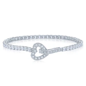 925 Solid Sterling Silver Open Heart Charm Round Brilliant CZ Tennis Bracelet - Picture 1 of 4