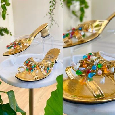 复古 20 世纪 60 年代凉鞋 60 年代串珠条纹金属金色绑带高跟鞋 — 第 1/4 张图片