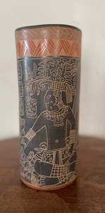 Yucatan Mexican Ceramic Sgraffito Style Pottery Cylinder Vase Plant Holder - Picture 1 of 10