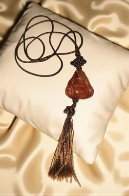 Hand Carved Carnelian Laughing Buddha Pendant Necklace — 1.25" Stone, Satin Cord - Image 1 of 4