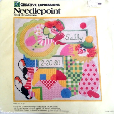 Clown Sampler Baby Birth Record Needlepoint Kit X3101 15x15 Creative Expression - Image 1 of 4