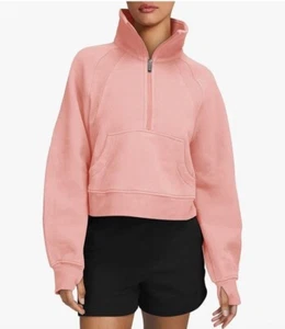 Womens' Half Zip Pullover Fleece Stand Collar Crop Sweatshirt with Pockets Thumb - Picture 1 of 5