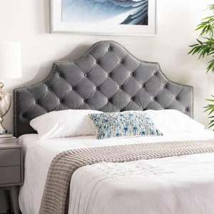 SAFAVIEH Arebelle Velvet Headboard Silver Nail Head | Pewter | Queen | - Picture 1 of 6