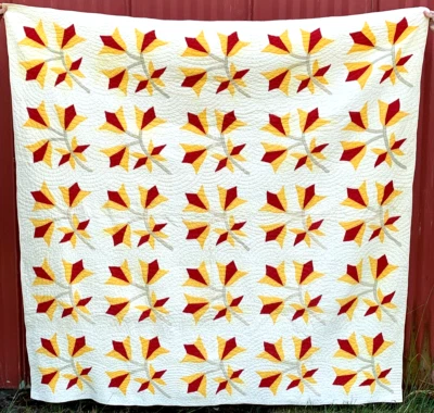 Antique CAROLINA LILY Hand Made Hand Quilted Quilt Red &Yellow Estimated 1870's - Image 1 of 4