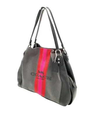 Bolso de hombro Coach Edie gris a rayas universitario de lona con ribete de cuero negro Foto 1 de 4