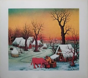 ARTE NAIF CROATA HLEBINE fotolito artistica Bue all'abbeveratoio Mijo Kovacic - Foto 1 di 1
