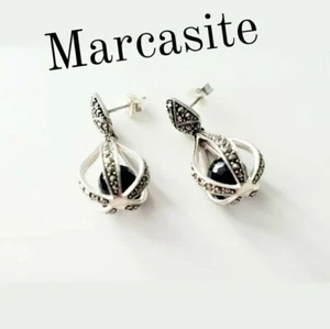 Marcasite and Caged Black Onyx Dangle Earrings - Picture 1 of 3