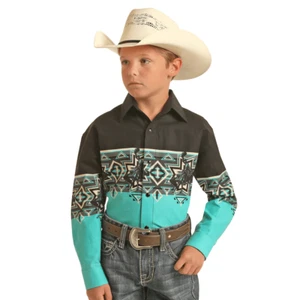 Panhandle Boy's Cowboy Border Turquoise & Black Snap Shirt SBN2S02454 - Picture 1 of 6