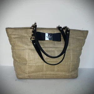 Kate Spade Veranda Straw Quilted Marianne Satchel Shoulder Bag Beige Black Bow - Picture 1 of 14