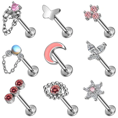 16g Stainless Steel Labret Lip Studs CZ Tragus Earrings Medusa Monroe Piercing - Image 1 of 4