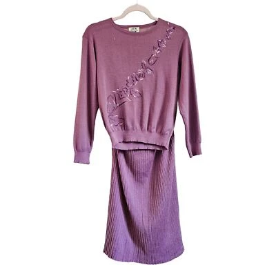 复古羊毛毛衣百褶裙 2 件套尺寸 S M 紫色花卉刺绣 — 第 1/4 张图片