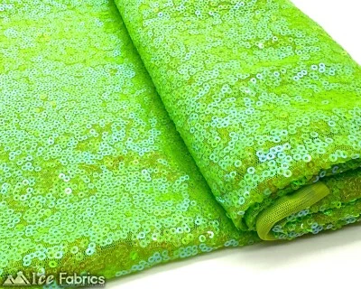 Iridescent Lime Green Mini Sequin Fabric By The Yard on Mesh Fabric - Image 1 of 4