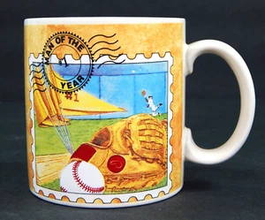VTG RUSS MAN OF THE YEAR POSTAGE STAMP BASEBALL CERAMIC COFFEE MUG TEA CUP - Picture 1 of 8