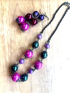 One of a Kind Pink Green Mauve Beaded Necklace & Pink Red Purple Beaded Earrings - Picture 1 of 3