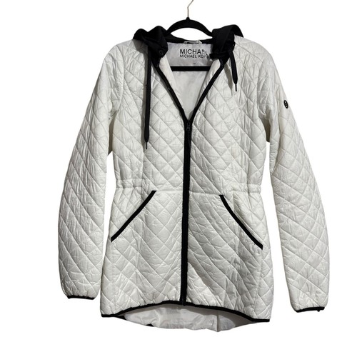 Giacca in nylon trapuntato Michael Kors bordo bianco e nero con cappuccio e tasche Medium