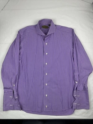 Phineas Cole Dress Shirt Mens 15 35 Medium Purple White Striped Has Flaw Look - Image 1 of 4