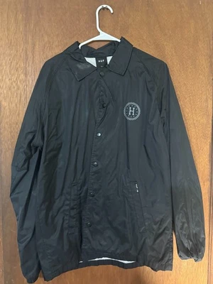 HUF Jacket Adult Large Black Windbreaker Checkered Logo Sleeves Snap Mens - Image 1 of 3