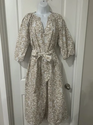 A Piece Apart NOTO MAXI Dress $495 Sz M Organic Cotton Belted Tan Print On White - Image 1 of 4