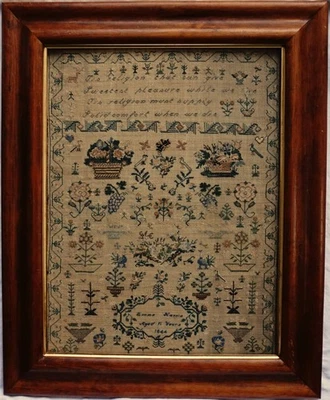 EARLY/MID 19TH CENTURY MOTIF & VERSE SAMPLER BY EMMA HARRIS AGED 11 - 1844 - Image 1 of 4