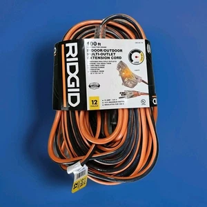 Ridgid 100 ft. 12/3 Heavy Duty Extension Cord Tritap Lighted End, Orange/Grey - Picture 1 of 2