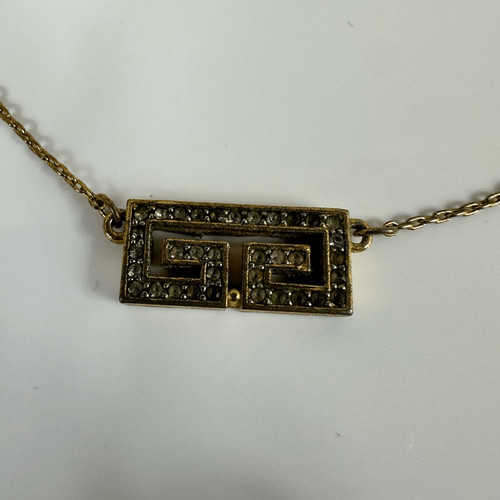 Givenchy 1977 Collana Givo Logo G Strass Tono Oro Vintage 14"