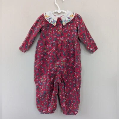 复古 OshKosh 花卉灯芯绒婴儿泡泡连身裤 Peter Pan 领 18 个月 — 第 1/4 张图片