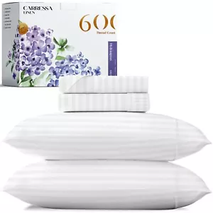 Carressa Linen Luxury Egyptian Cotton Twin Stripe Sheet Set - 600 Thread Coun... - Picture 1 of 9