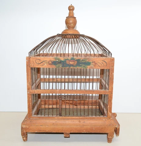 Vintage VICTORIAN DOME TOP WOOD BIRD CAGE FRENCH WIRE HAND PAINTED Cover