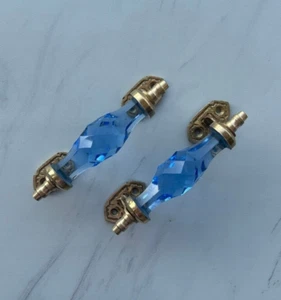 VTG Victorian Handmade Blue Glass & Brass Handle Door Drawer Cupboard Decor 2x - Picture 1 of 11