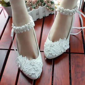 Lace Rose Formal Wedding shoes Bridal flats low high heel pump wedge size 5-12 - Picture 1 of 12