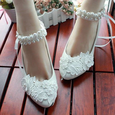 Lace Rose Formal Wedding shoes Bridal flats low high heel pump wedge size 5-12 - Image 1 of 4