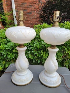 Pair 27" Vintage Milk Glass Table Lamp Grape & Vines Pattern - Picture 1 of 7