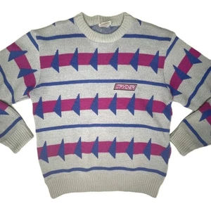 SPYDER Vintage Sweater Grey Pink Purple Ski 100% Pure New Wool L Large 90's - Picture 1 of 9