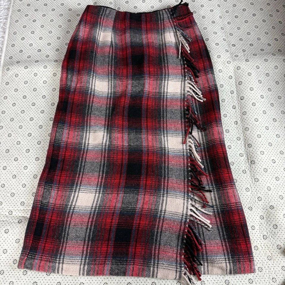 Falda midi envolvente vintage Talbots roja tartán a cuadros con flecos mezcla de lana para mujer 2P Foto 1 de 4