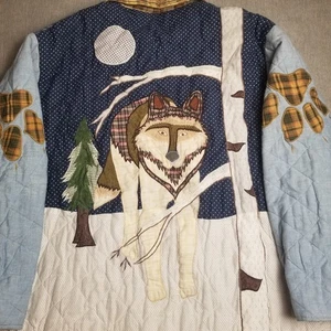 VTG Patch Magic Quilted Jacket Wolf Full Moon Patchwork Grannycore Rare Sz XL - Picture 1 of 11