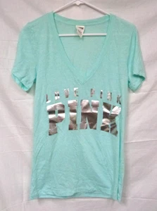 Women's PINK VICTORIA'S SECRET V-Neck T-Shirt ~ Silver Metallic LOVE PINK ~ sz L - Picture 1 of 6