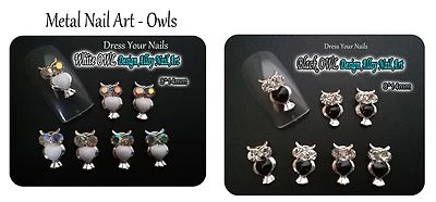 DRESS YOUR NAILS METAL NAIL ART - OWLS 3d Metal NAIL ART OWLS Alloy Silver White + AB Rhinestones or Black + Clear
